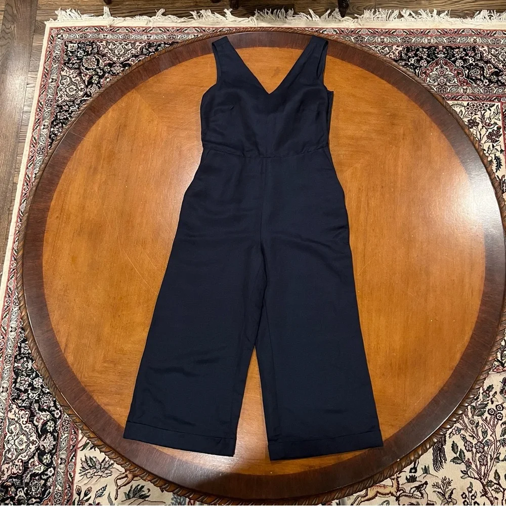 NEW Banana Republic Women’s V-Neck Linen Blend Wide Leg Jumpsuit Navy 00P Petite
